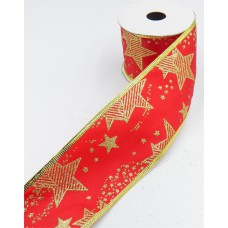 2.5 Inch Wired Christmas Ribbon with Gold Metallic Stars on White Satin, 2-1/2 In. X 10 Yds (Lot of 1 Spool) SALE ITEM